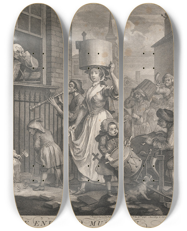 Triptych art skateboard deck of William Hogarth The Enraged Musician by William Hogarth (1697-1764)