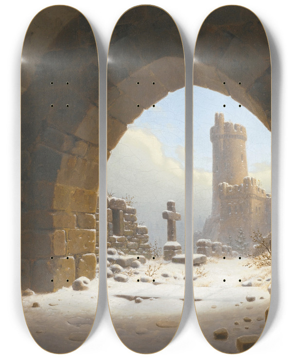 Triptych art skateboard deck of Carl Georg Adolph Hasenpflug Burgruine Ruins Of A Castle by Carl Georg Adolph Hasenpflug (1802-1858)