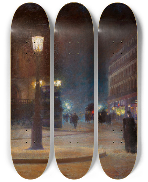 Triptych art skateboard deck of Ludwik De Laveaux Place De Lopra In Paris by Ludwik de Laveaux (1868-1894)