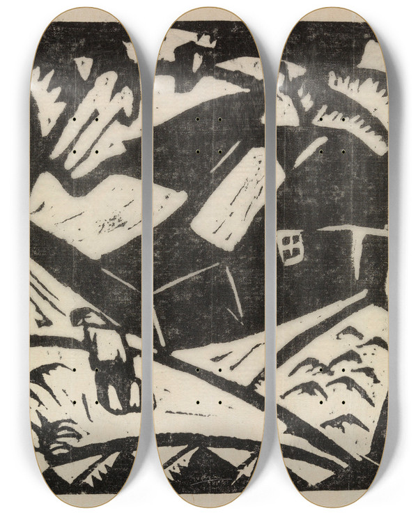 Triptych art skateboard deck of Gustave De Smet Landscape With A Potato Lifter by Gustave De Smet (1877-1943)