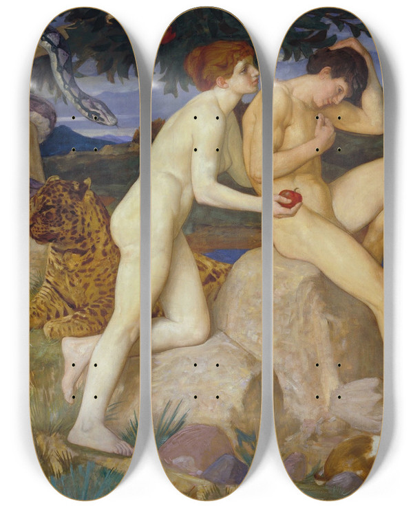 Triptych art skateboard deck of William Strang The Temptation by William Strang (1859-1921)
