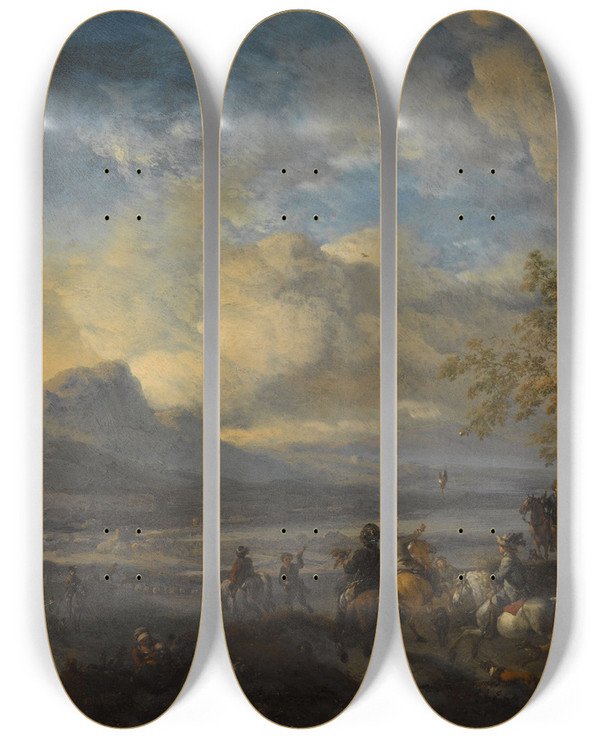 Triptych art skateboard deck of Philips Wouwerman The Falcon Hunt by Philips Wouwerman (1619-1668)