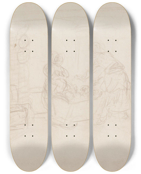 Triptych art skateboard deck of Adolph Tidemand To Kvinner Ved Vugge by Adolph Tidemand (1814-1876)