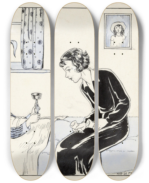 Triptych art skateboard deck of Miep De Feijter Jongen Met Weegschaal In Een Bed by Miep de Feijter (20-)