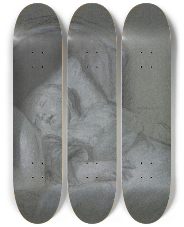 Triptych art skateboard deck of Cornelis Troost Schlafendes Kind In Der Wiege by Cornelis Troost (1696-1750)