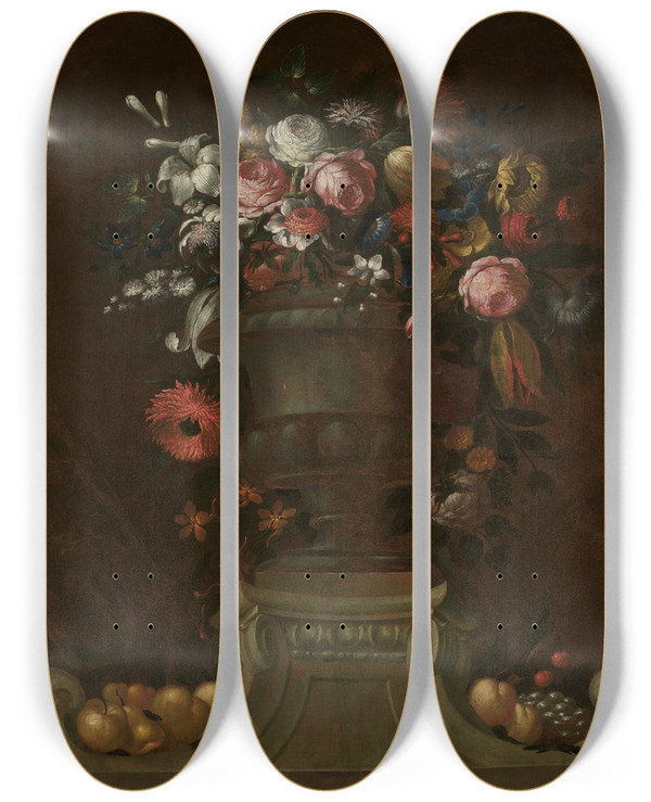 Triptych art skateboard deck of Jakob Bogdny Still Life With A Parrot by Jakob Bogdany (1660-1724)