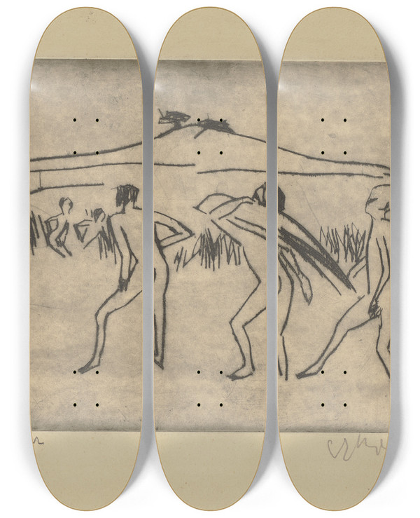 Triptych art skateboard deck of Ernst Ludwig Kirchner Badende Mnner Einer Schilf Tragend by Ernst Ludwig Kirchner (1880-1938)
