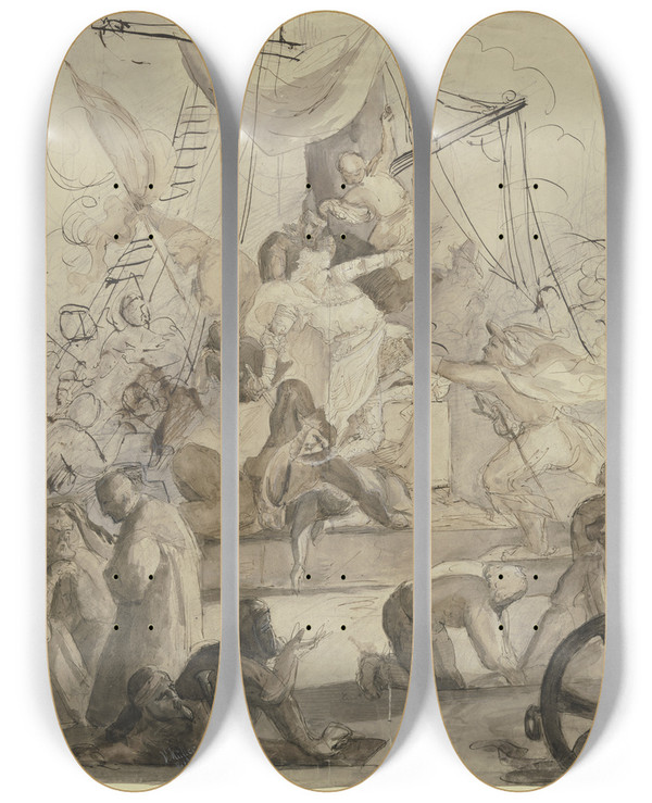 Triptych art skateboard deck of Victor Mller Besatzung Einer Fregatte In Einer Schlacht by Victor Muller (1829-1871)