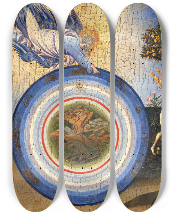 Triptych art skateboard deck of Giovanni Di Paolo The Creation Of The World And The Expulsion From Paradise by Giovanni Paolo Spadino (1403-1482)