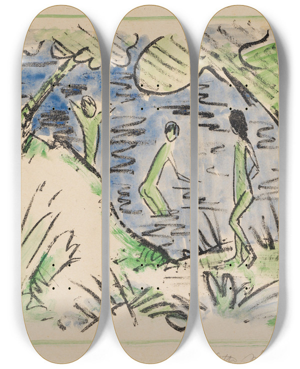 Triptych art skateboard deck of Otto Mueller Zwei Knaben Im Wasser Und Ein Mdchen Am Ufer by Otto Mueller (1874-1930)