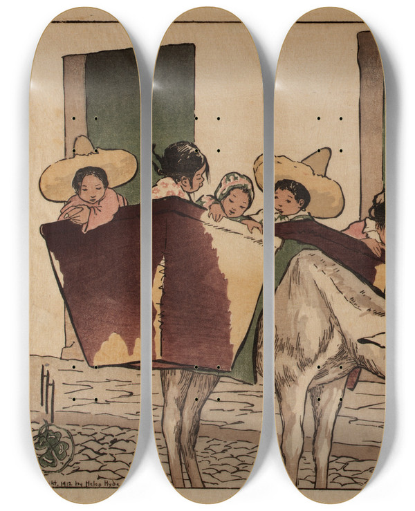 Triptych art skateboard deck of Helen Hyde An Interlude by Helen Hyde (1868-1919)