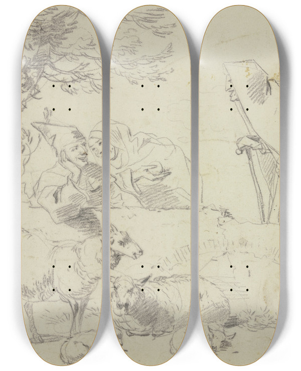 Triptych art skateboard deck of Nicolaes Pietersz Berchem Zwei Nonnen Bei Einem Hirten Dabei Zwei Alte Und Zwei Junge Schafe Und Ein Hund by Nicolaes Pietersz Berchem (1620-1683)