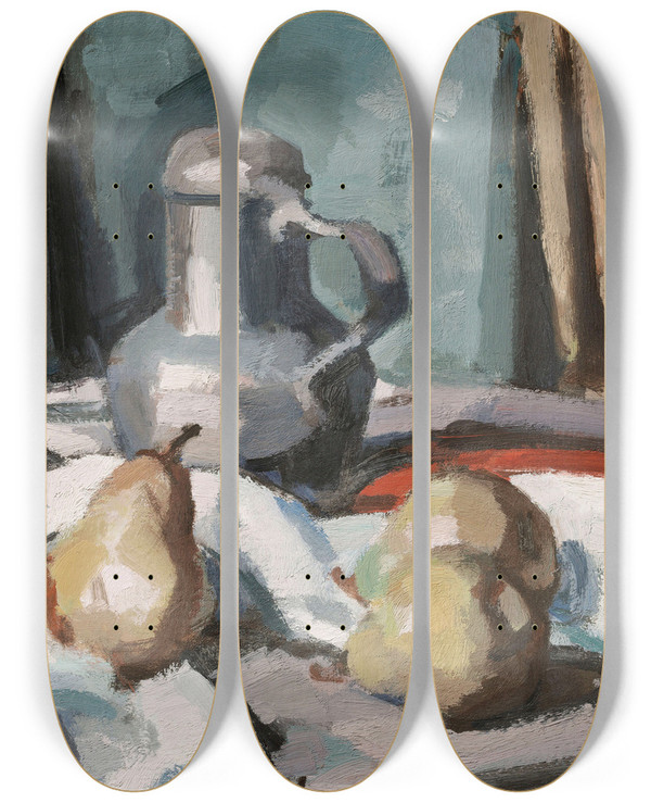 Triptych art skateboard deck of Samuel John Peploe Pewter Jug And Pears by Samuel John Peploe (1871-1935)