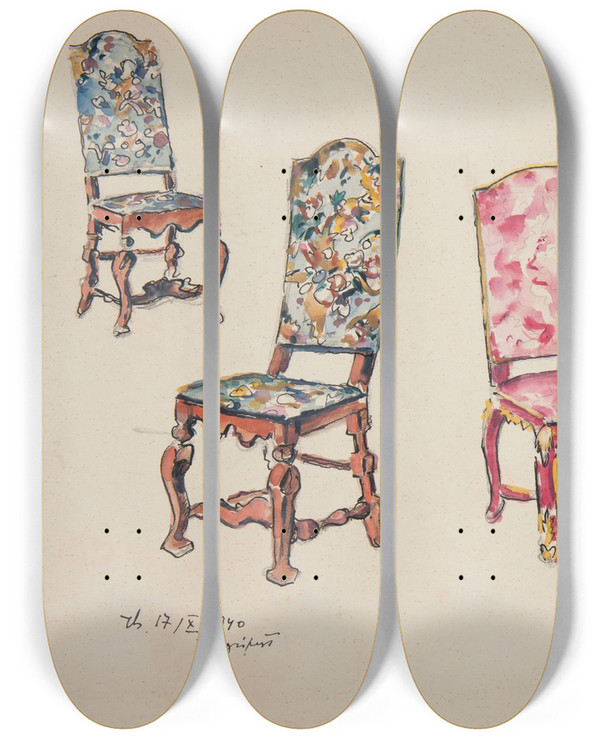 Triptych art skateboard deck of Ivan Ivanec Studia Trzech Zabytkowych Krzese by Ivan Ivanec (1893-1946)