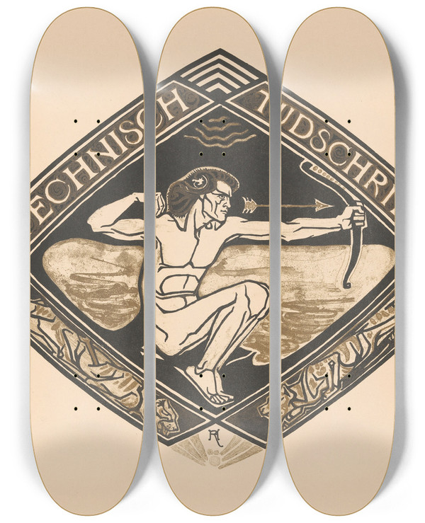 Triptych art skateboard deck of Richard Nicolas Roland Holst Omslagontwerp Voor Technisch Tijdschrift 1914 by Richard Nicolaus Roland Holst (1868-1938)