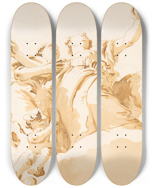 Triptych art skateboard deck of Giovanni Battista Tiepolo Two Women A Lion And A Putto On Clouds by Giovanni Battista Tiepolo (1696-1770)