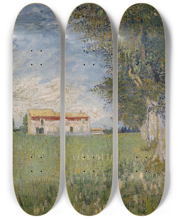 Triptych art skateboard deck of Vincent Van Gogh Farmhouse In A Wheat Field by Vincent van Gogh (1853-1890)