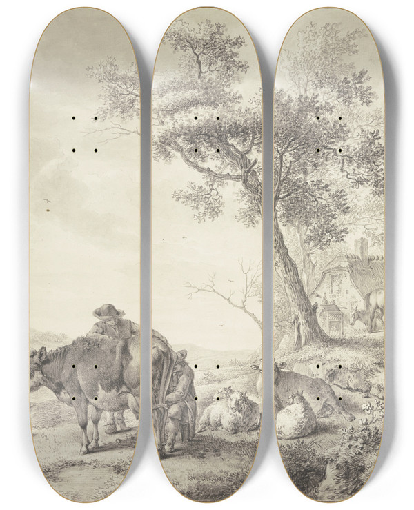 Triptych art skateboard deck of Bernhard Hendrik Thier Ein Mann Melkt Eine Kuh Dabei Einige Schafe Rechts Zwei Pferde Bei Husern by Bernhard Hendrik Thier (1743-1811)