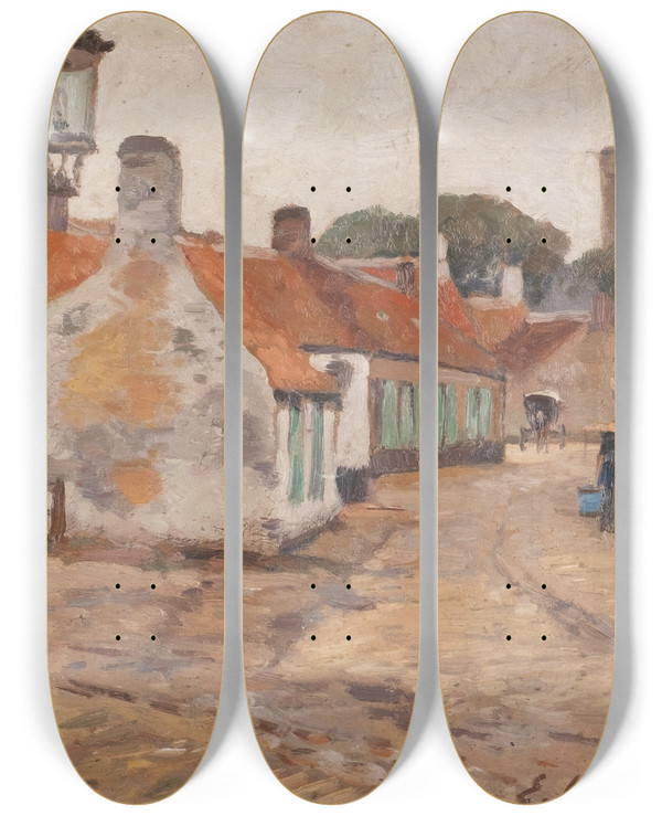 Triptych art skateboard deck of Eugen Kampf View Of A Village by Eugen Kampf (1861-1933)