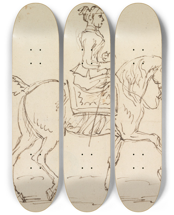 Triptych art skateboard deck of James Seymour Woman Wearing A Tricorne Hat Riding To Right by James Seymour (1697-1752)