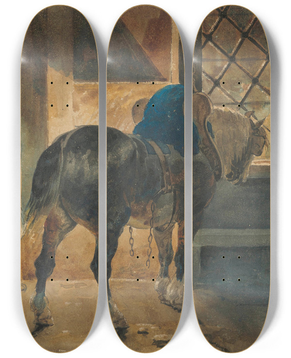 Triptych art skateboard deck of Thodore Gricault Cheval De Trait Lcurie by Theodore Gericault (1791-1824)