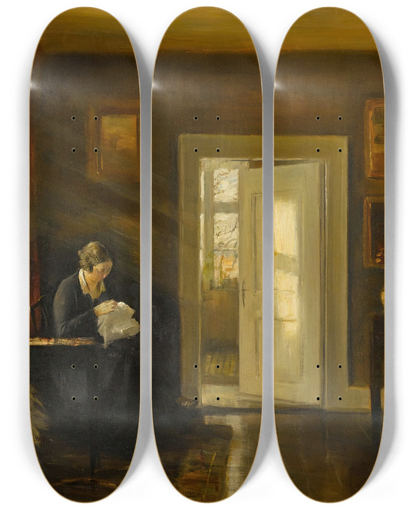 Triptych art skateboard deck of Carl Holse Sewing By The Window by Carl Holsoe (1863-1935)