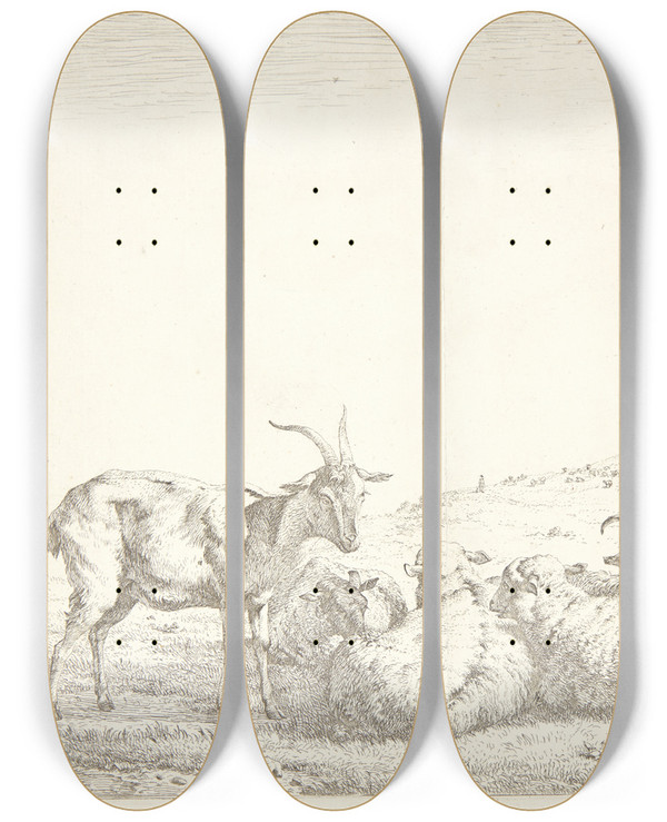 Triptych art skateboard deck of Karel Dujardin Tre Geder Og To Fr by Karel Dujardin (1622-1678)