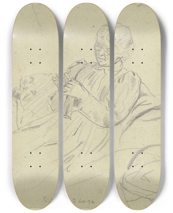 Triptych art skateboard deck of Otto Scholderer Luise Scholderer Bei Der Handarbeit by Otto Scholderer (1834-1902)