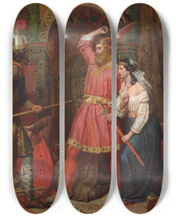 Triptych art skateboard deck of Charles Landseer The Assassination Of Alboin King Of The Lombards by Charles Landseer (1799-1879)