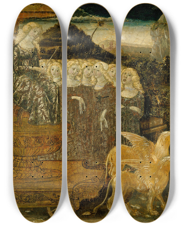 Triptych art skateboard deck of Francesco Di Giorgio Martini Goddess Of Chaste Love by Francesco Di Giorgio Martini (1439-1501)