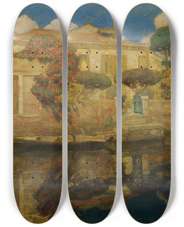 Triptych art skateboard deck of Vettore Zanettizilla Das Haus Des Malers by Vettore Zanetti Zilla (1864-1945)