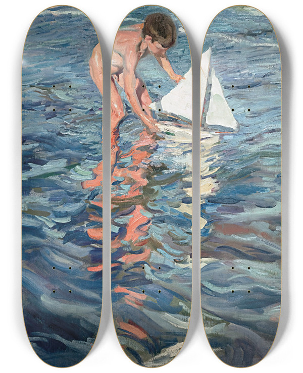 Triptych art skateboard deck of Joaqun Sorolla The Little Sailing Boat by Joaquin Sorolla (1863-1923)