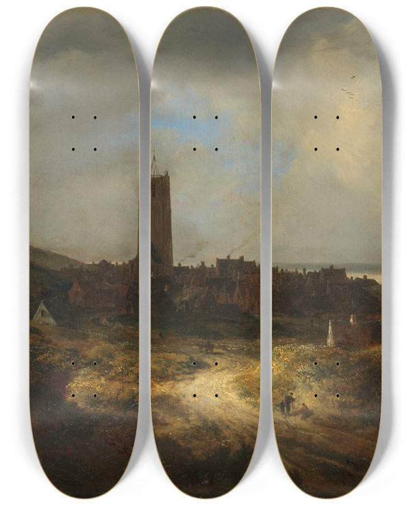Triptych art skateboard deck of Jacob Van Ruisdael View Of Egmond Aan Zee by Jacob Van Ruisdael (1628-1682)