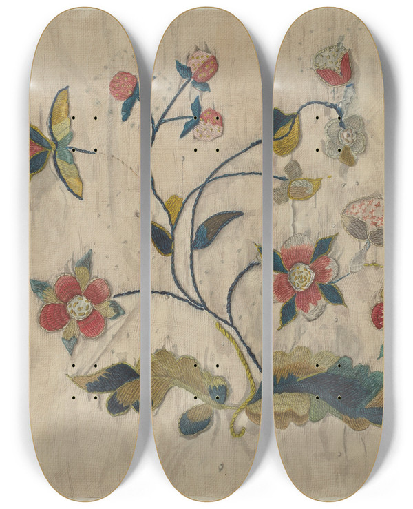 Triptych art skateboard deck of Mildred E Bent Coverlet by Mildred E Bent