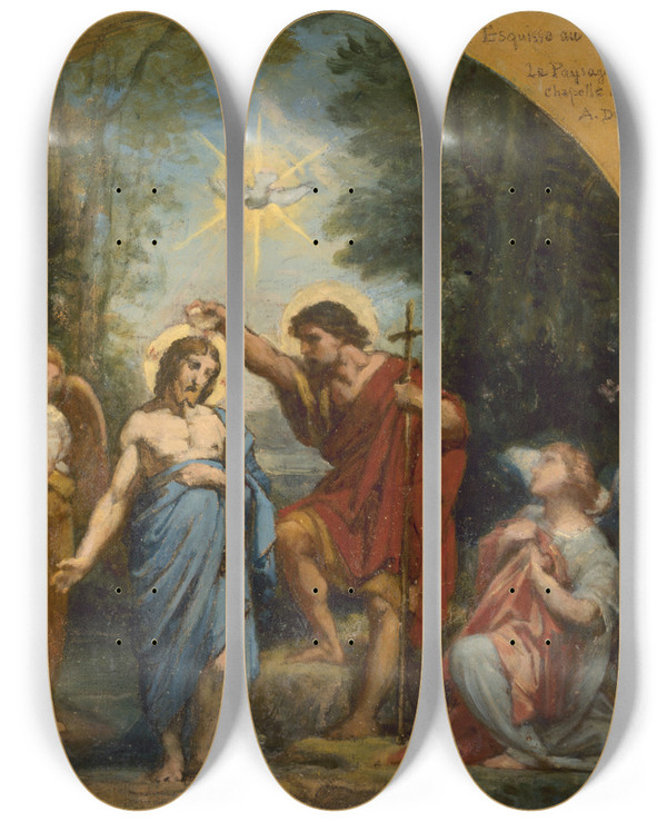 Triptych art skateboard deck of Jeanlouis Bezard Le Baptme Du Christ by Jean Louis Bezard (1799-1881)