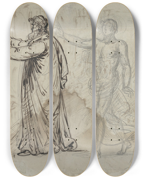 Triptych art skateboard deck of Mather Brown Three Figures Verso by Mather Brown (1761-1831)