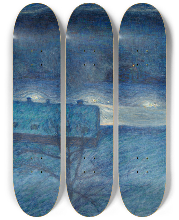 Triptych art skateboard deck of Eugne Jansson Winter Night On The Quay by Eugene Jansson (1862-1915)