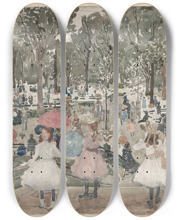 Triptych art skateboard deck of Maurice Prendergast The Mall Central Park by Maurice Prendergast (1858-1924)