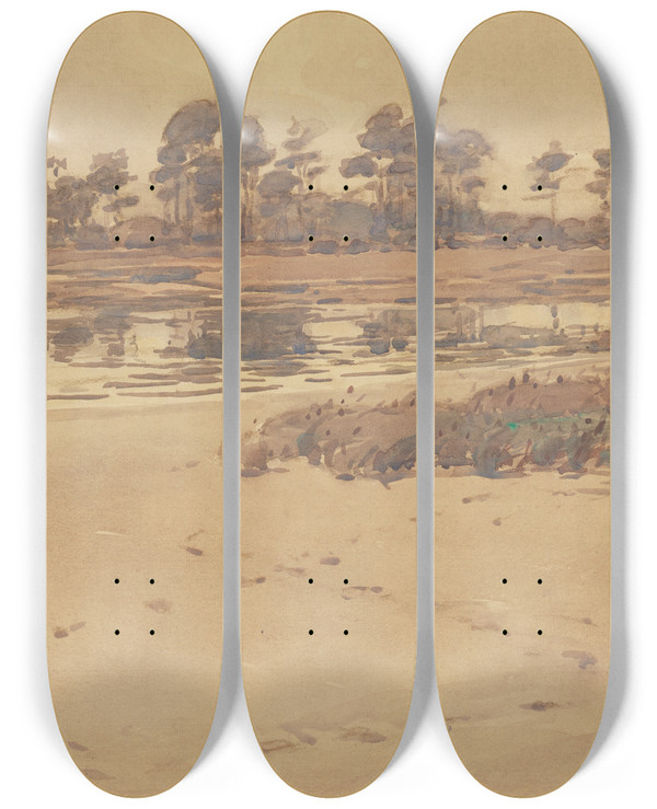 Triptych art skateboard deck of Margaret Stoddart Estuary Shores by Margaret Stoddart (1865-1934)