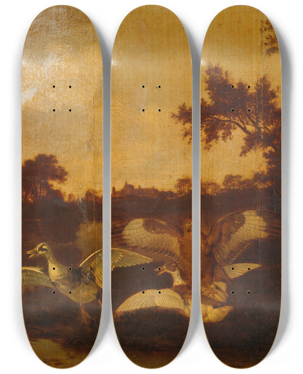 Triptych art skateboard deck of Dirck Wijntrack A Buzzard Attacks Two Ducks by Dirck Wijntrack (1615-1678)