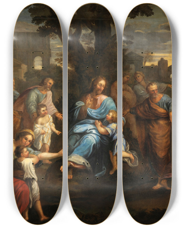 Triptych art skateboard deck of Jean Hlart Laissez Venir Moi Les Petits Enfants by Jean Helart (1618-1685)