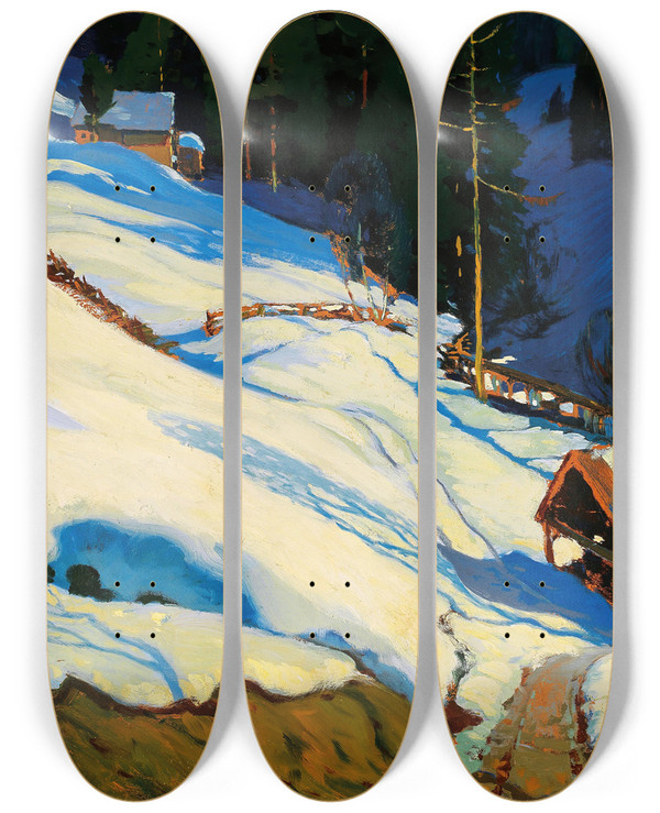Triptych art skateboard deck of Alfred Poell Winter Landscape by Alfred Poell (1867-1929)