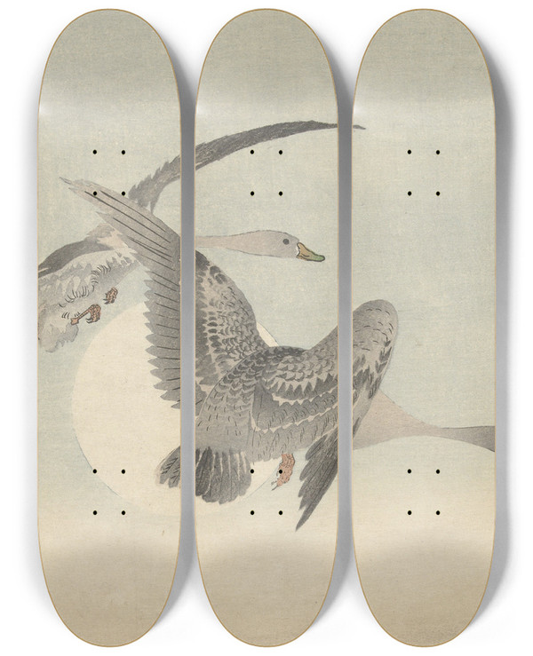 Triptych art skateboard deck of Ohara Koson Two Geese In Flight by Ohara Koson (1877-1945)
