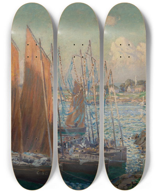 Triptych art skateboard deck of Wilson Henry Irvine Summer Day At The Harbor by Wilson Henry Irvine (1869-1936)