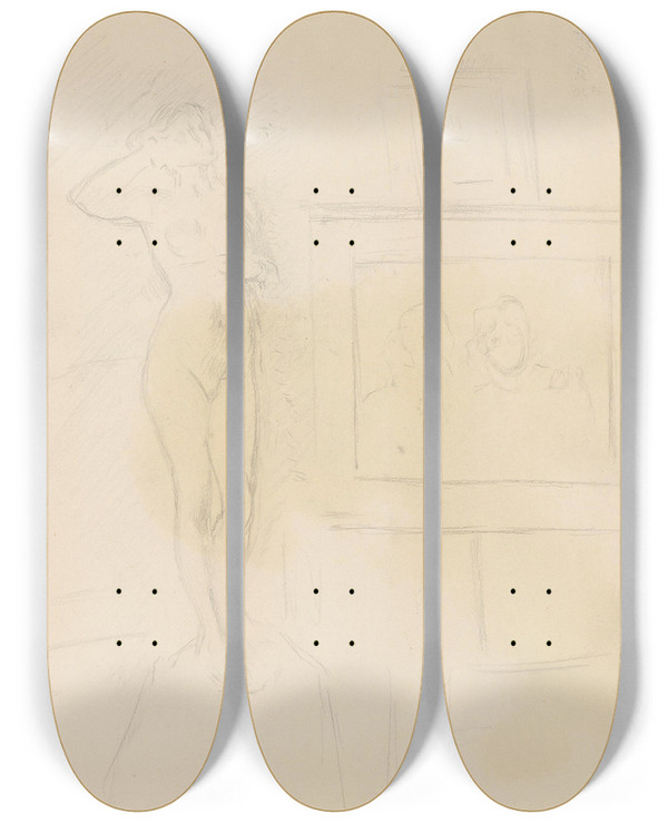 Triptych art skateboard deck of Christian Krohg Mann Med Sigarett Som Betrakter Kunstverk by Christian Krohg (1852-1925)