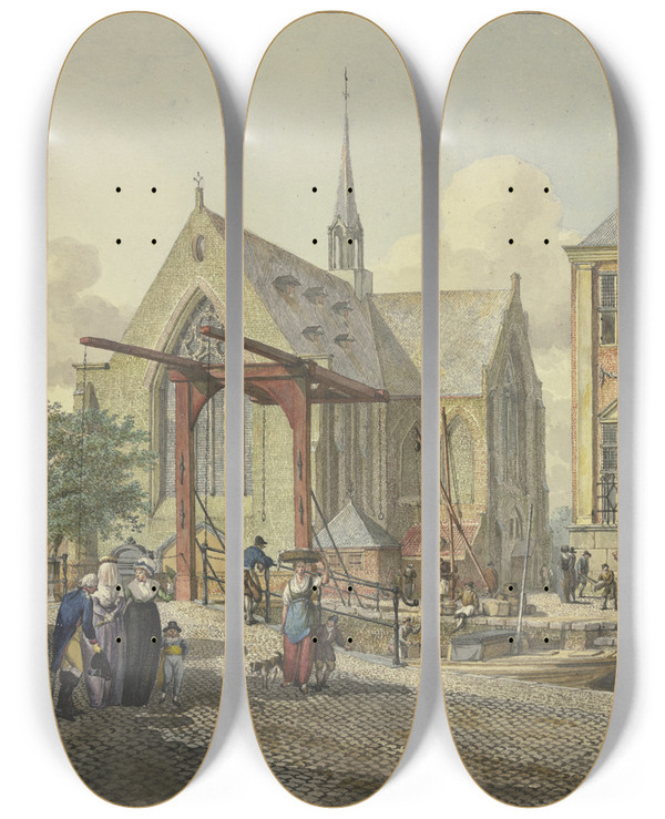 Triptych art skateboard deck of Johannes Huibert Prins Schleusentor Bei Einer Kirche Links Eine Verschleierte Dame Ein Offizier Und Eine Dame Mit Einem Knaben by Johannes Huibert Prins (1757-1806)