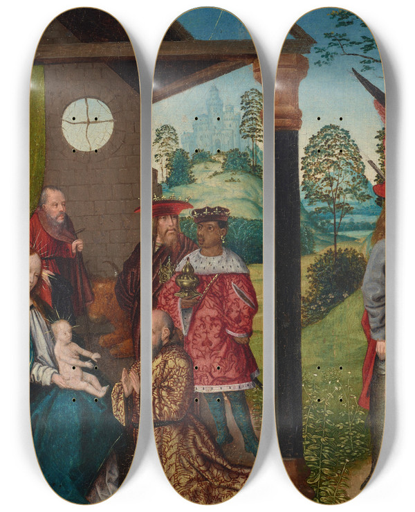 Triptych art skateboard deck of Jan Provoost The Adoration Of The Magi With Tobias And The Angel by Jan Provoost (1465-1529)