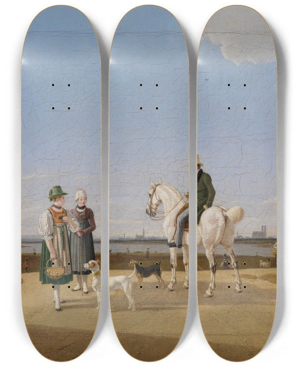 Triptych art skateboard deck of Wilhelm Von Kobell Ein Reiter Und Zwei Bauernmdchen by Wilhelm von Kobell (1766-1853)