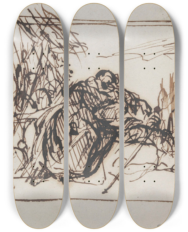 Triptych art skateboard deck of Nicaise De Keyser Resting Monk by Nicaise De Keyser (1813-1887)