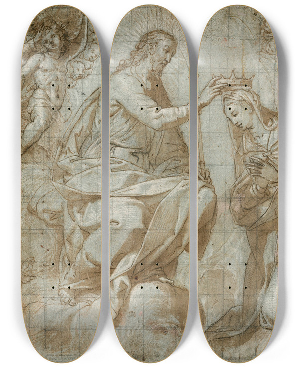 Triptych art skateboard deck of Ercole Setti The Coronation Of The Virgin by Ercole Setti (1530-1618)